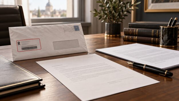 Lettera di diffida formale e documenti contrattuali su una scrivania professionale