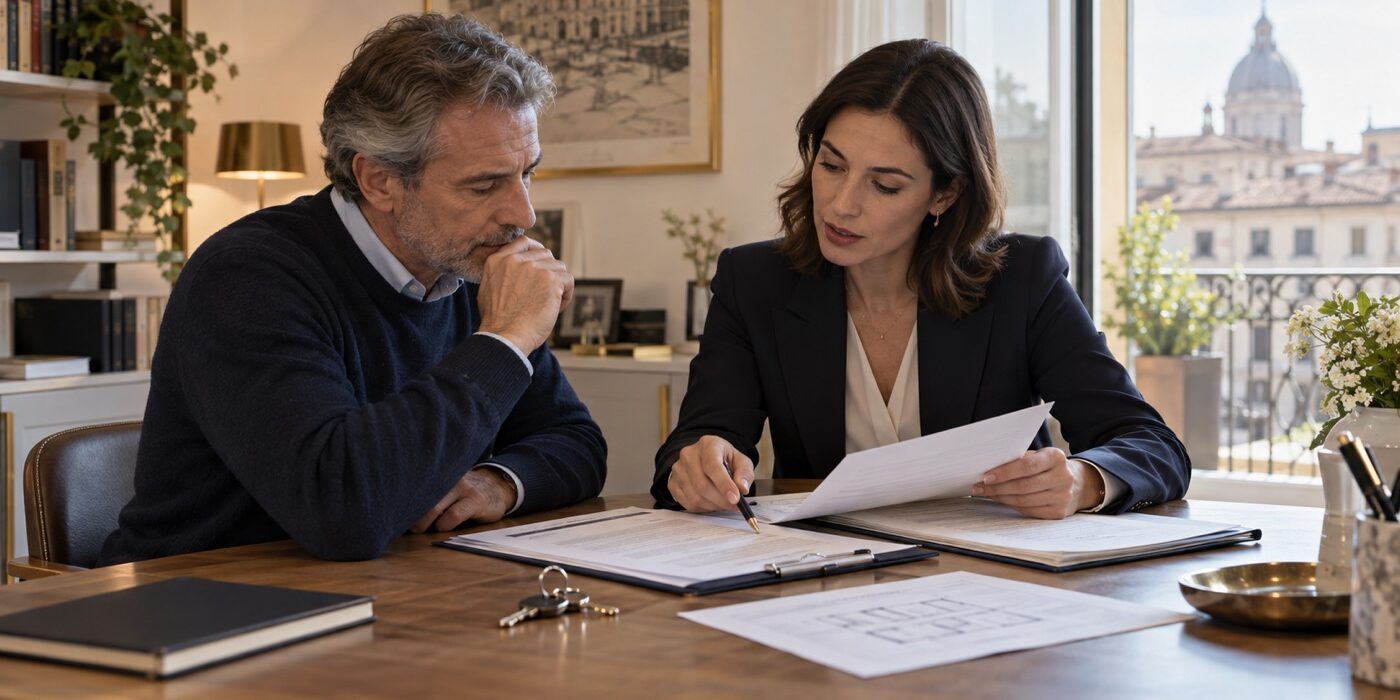 Locatore e professionista esaminano documenti di una locazione commerciale