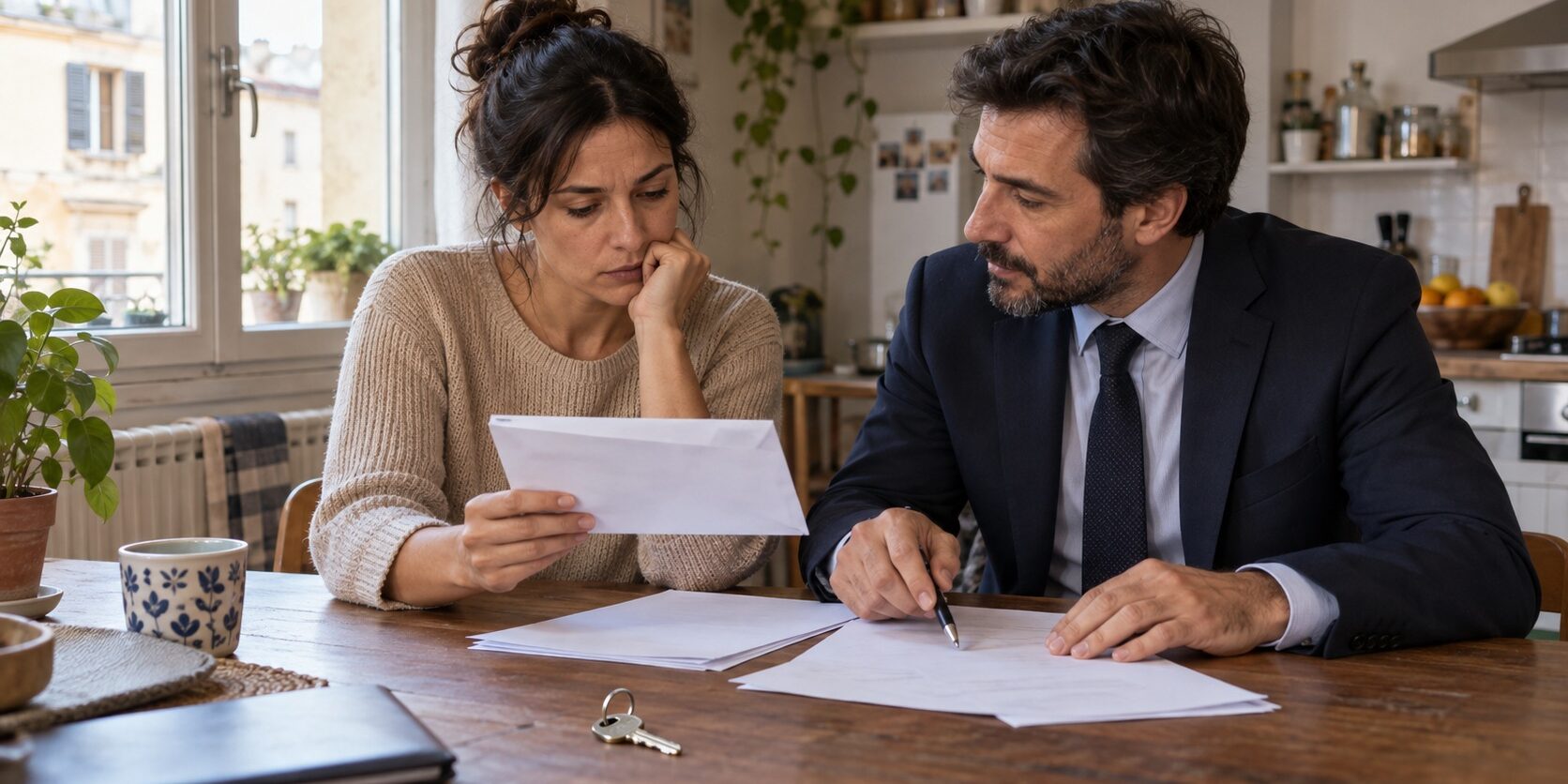 Inquilina e avvocato esaminano una intimazione nell’opposizione allo sfratto per morosità