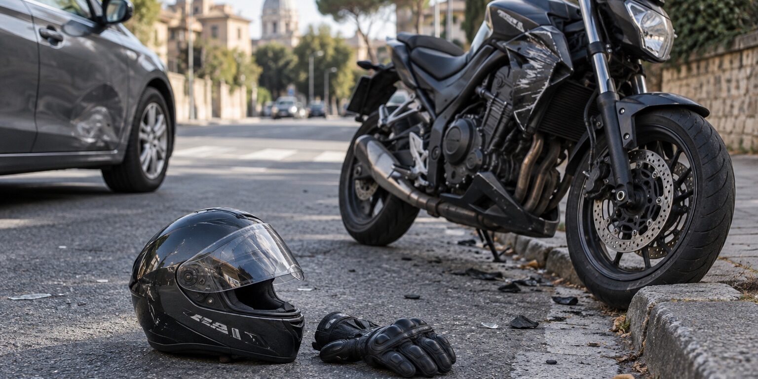 Moto e casco dopo un incidente stradale, con danni da documentare
