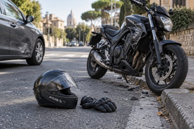 Moto e casco dopo un incidente stradale, con danni da documentare