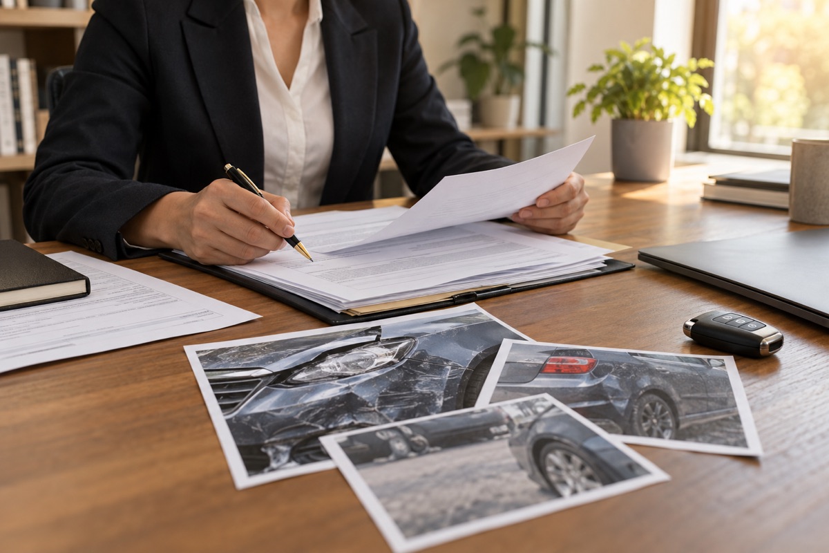 Esame dei documenti e delle fotografie di un incidente stradale