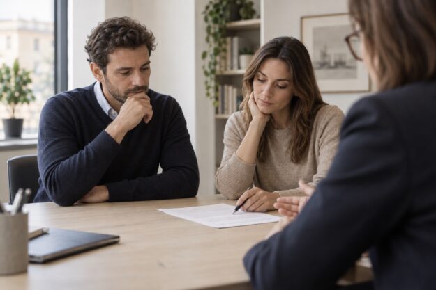 Coniugi che esaminano un accordo di separazione consensuale con un professionista